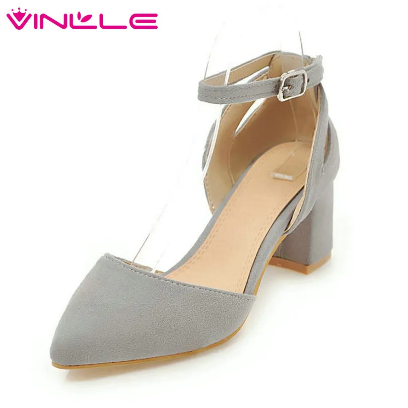 

VINLLE 2018 Women Pumps Pointed Toe Square Med Heel Flock Ankle Strap Elegant Beige Ladies Wedding Shoes Size 34-43