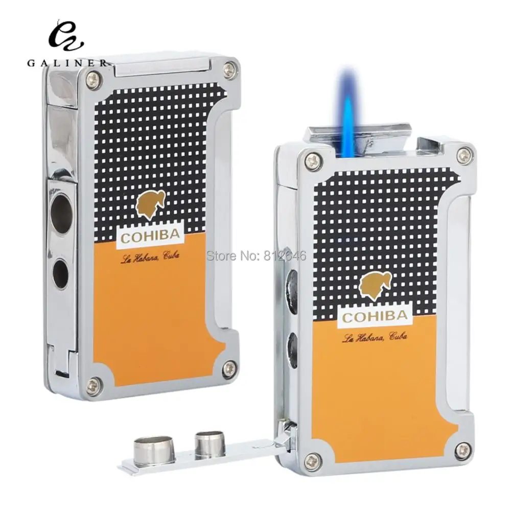 COHIBA Lighter Windproof Metal Lighter Jet Flame Cigarette Lighter with Cigar Punchers Pocket