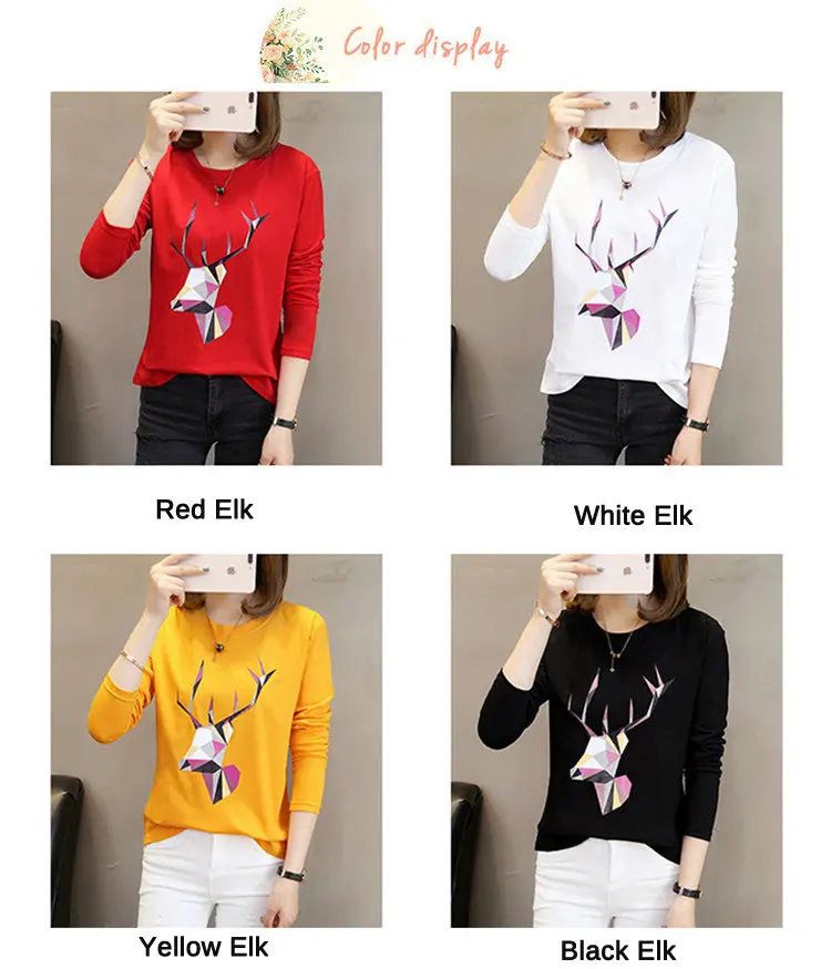 2019 Autumn Cotton T-Shirts Deer Printed Tshirts Women Leisure Long Sleeve White T-shirt Female Tops Tees Large Size M-5XL  (3)