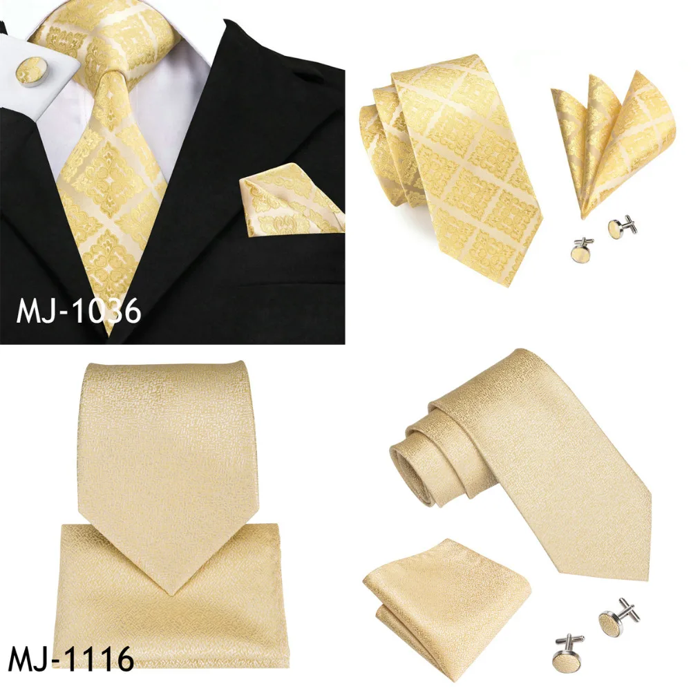 Новые желтые наборы галстуков BarryWang дизайн для мужчин Полосатый& горошек& Пейсли Галстук Hanky запонки наборы Бизнес Свадьба шеи галстуки