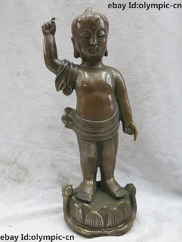 

10" China brass copper Buddhism lotus flower boy Buddha Sculpture Statue