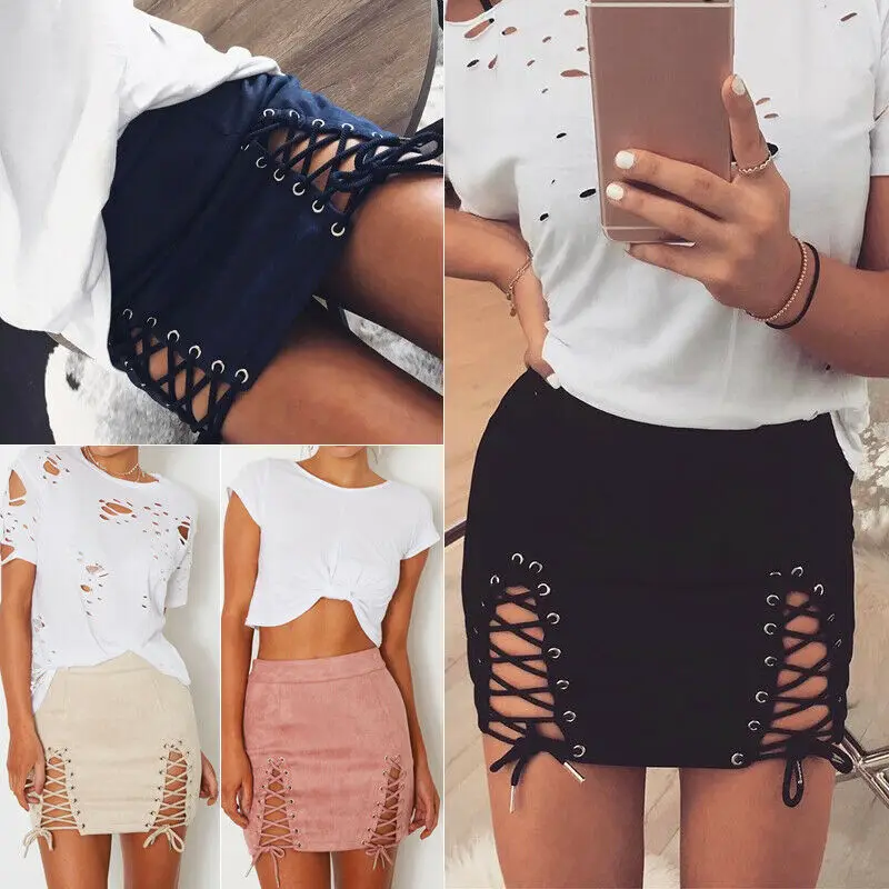 

Fashion Women Skirt Ladies Lace UP Solid Skirt High Waist Bodycon Bandage Slim Pencil Short Mini Skirt