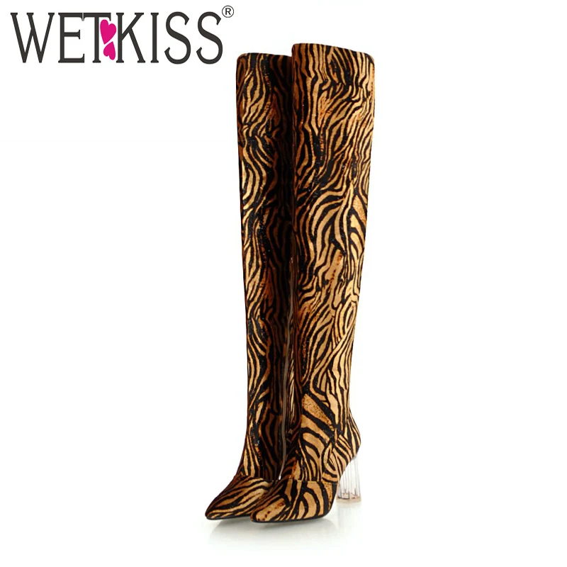 

WETKISS Leopard Print Women Boots Pointed Toe Footwear Over The Knee Lady Boot Transparent Unusual High Heels Shoes Woman Winter