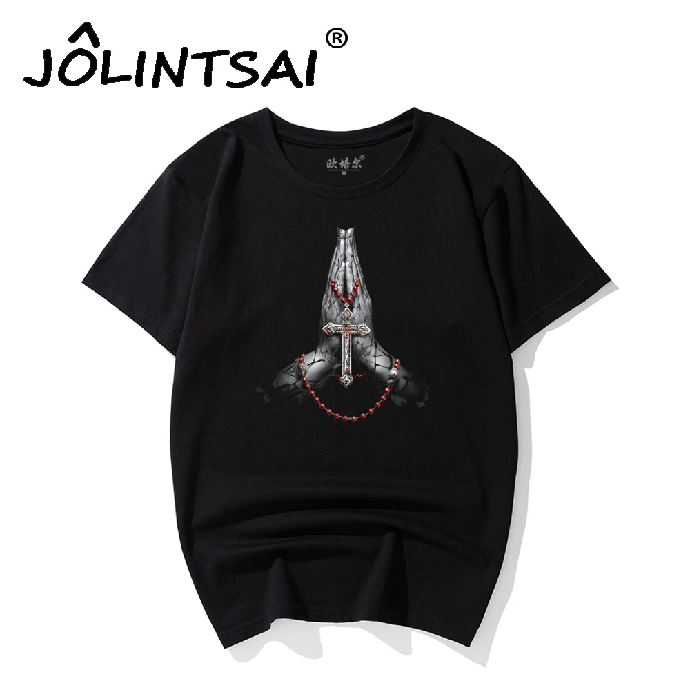 JOLINTSAI Summer Short Sleeve T Shirt Men Hip Hop Cross Pattern Men's T