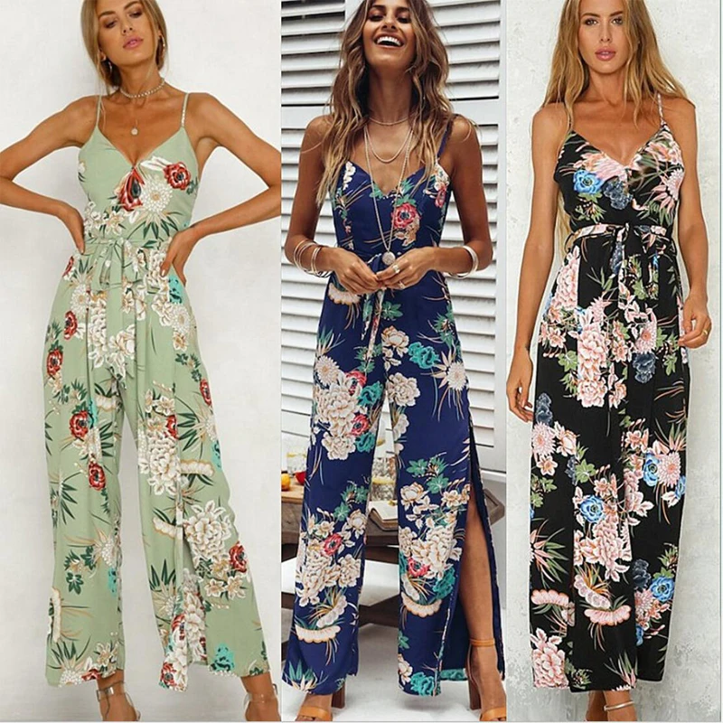 Mishenko Floral Women Backless Slit Jumpsuits Summer Spaghetti Strap Long Jumpsuits Sexy Beach