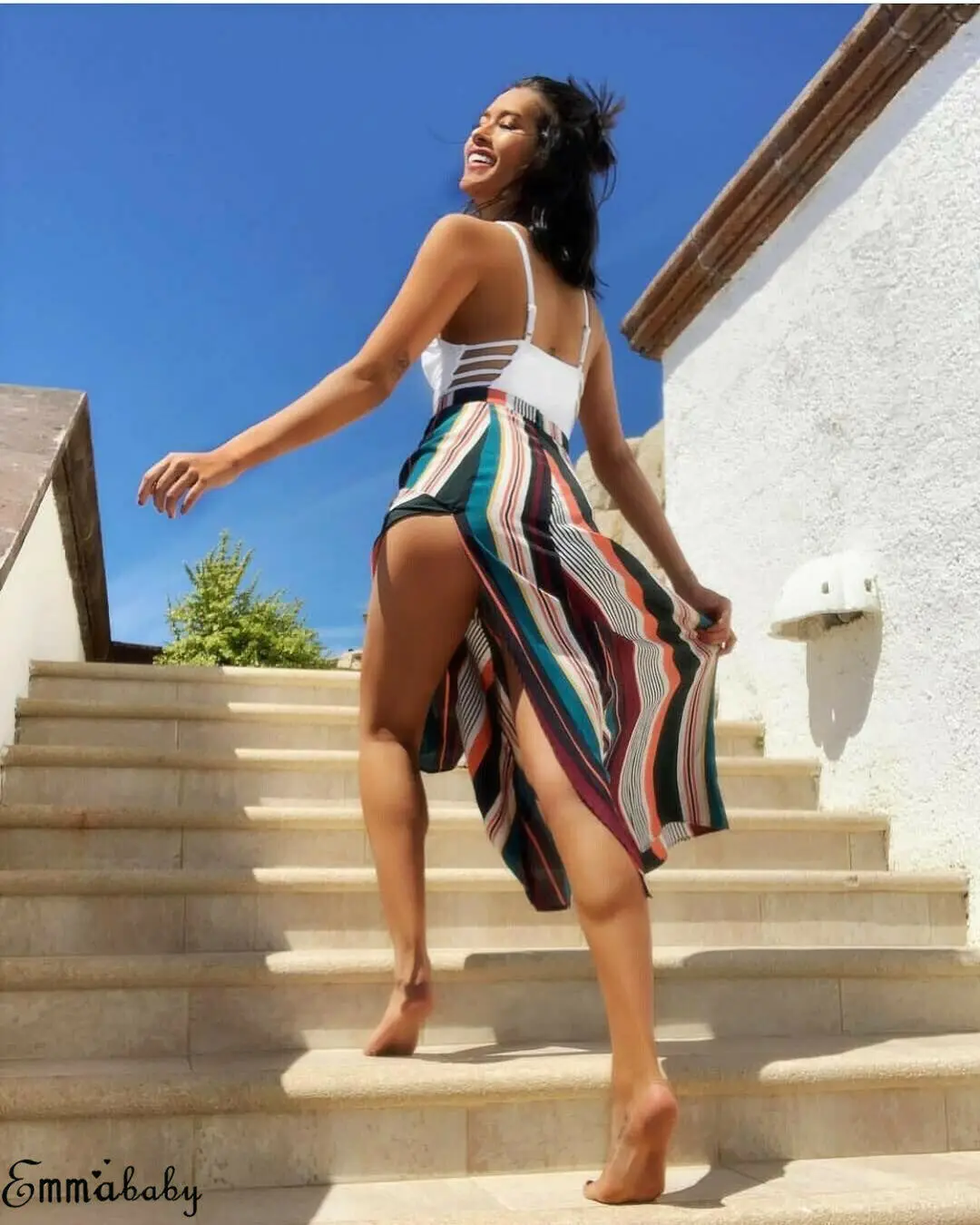 

2019 Newest Hot Summer Women Elastic Waist Split Skirts Ladies Casual Sexy Stripe High Waist Beach Sun Skirts