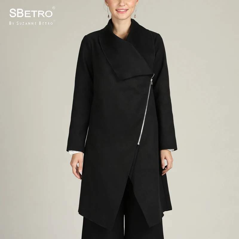 SBetro Women Overcoat Black Shawl Collar Side Zip Knee Length Unlined