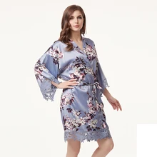 Свадебные Цветочные невесты атласные шелковые кимоно халаты с кружевной отделкой женское свадебное платье короткий пояс домашний халат банный Халат