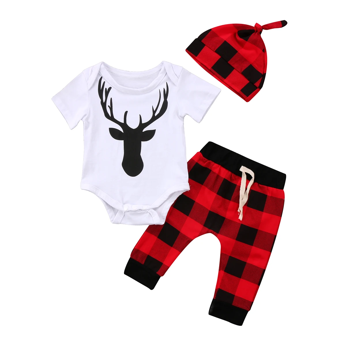Deer Christmas Newborn Baby Boy Girls Romper Top Plaid Pants Outfits Xmas Baby Clothing