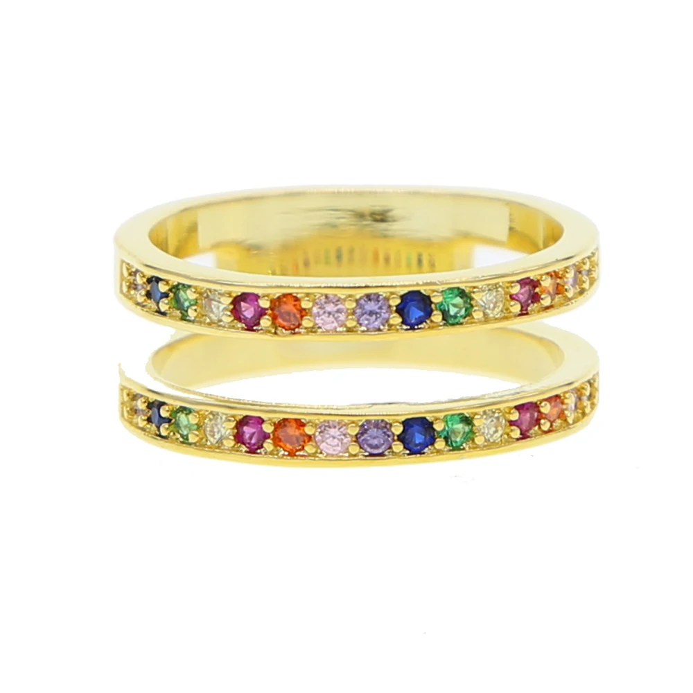 

Genuine golden fiied Double Circle rainbow green red blue Clear CZ Stackable Finger Ring for Women Fine Jewelry honey Gift 2019