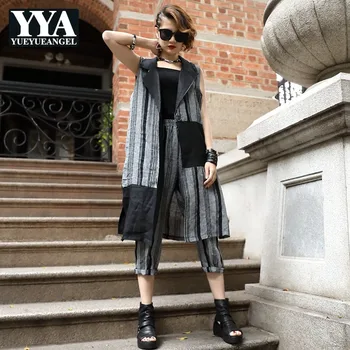 

Luxury Brand New Fashion Cotton Linen Medium Length Vest Blazer Elastic Waist Calf-Length Pants Striped Three Piece Suit Female