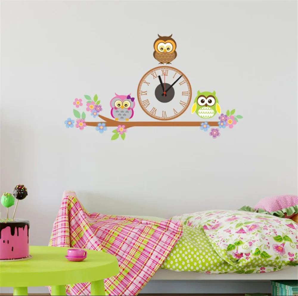 Cute Owl Wall Clocks Cartoon Sticker Large Decorative Wall Clocks Kids