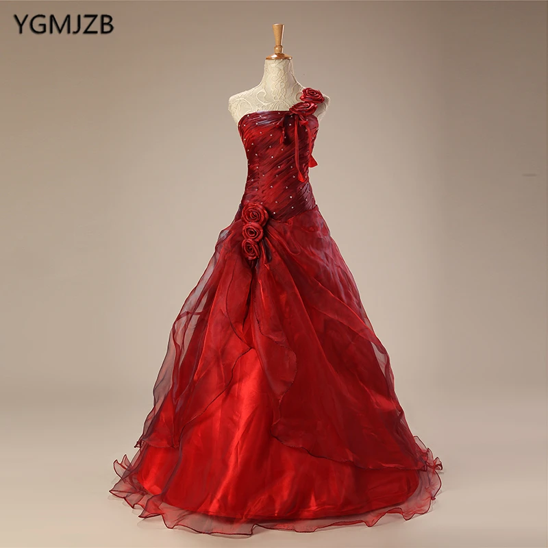 Красное Длинное бальное платье Quinceanera 2018 с бусинами и цветами пышное на одно