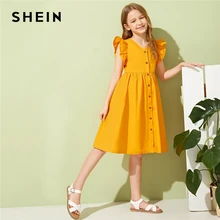 SHEIN/милое однотонное платье с v-образным вырезом и рюшами на пуговицах спереди для девочек-подростков; коллекция года; летние платья до колена с рукавами-крылышками