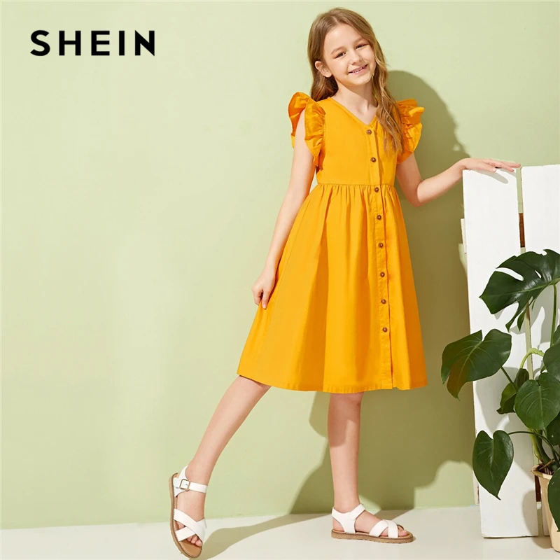 

SHEIN Kiddie Girls V Neck Solid Ruffle Trim Button Front Cute Dress Teenagers 2019 Summer Cap Sleeve Knee Length Dresses