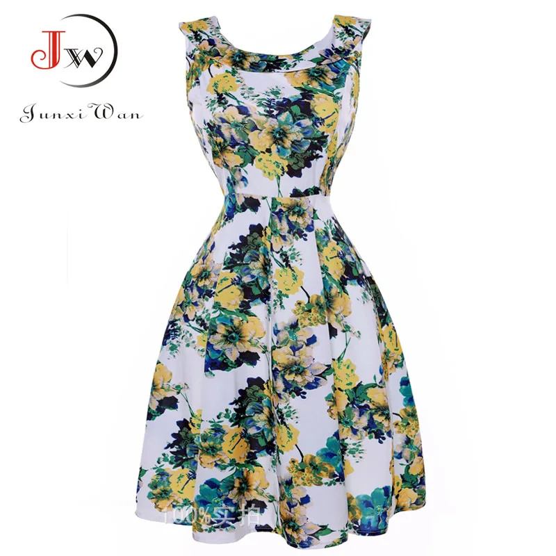 2017 Summer floral Print Vintage 50s 60s Dresses Cute Party Dress with Sashes Sleeveless Swing Rockabilly