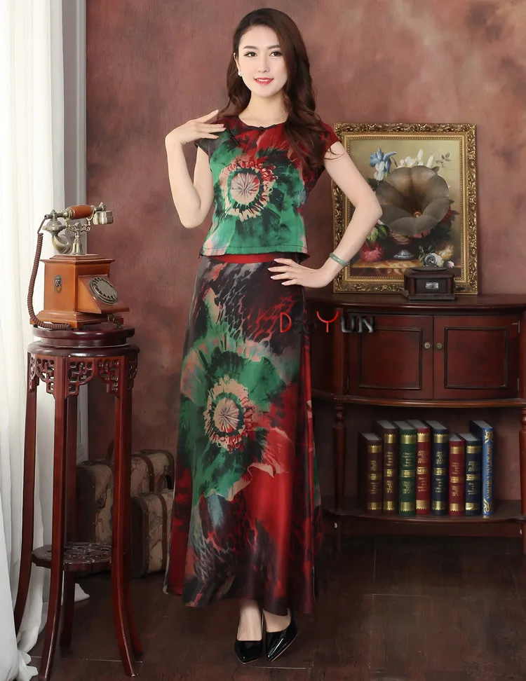 Шелк, Новое поступление, Китайская традиционная Женская двойка с короткими рукавами, длинное платье, L XL XXL 3XL 4XL, WBJT2015011