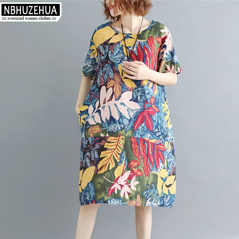 NBHUZEHUA A327 Plus Size Dress Women Summer Flower Print Vintage Linen Female Large Elegant Dresses 4XL 5XL | Женская одежда