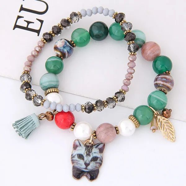 Милый многослойный браслет с кошкой, кристальная керамика, животный женские браслеты, рождественский подарок - Окраска металла: green