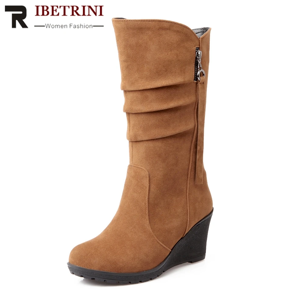 

RIBETRINI Women Half-knee High Boots High Heel Wedge Shoes Woman Winter Add Fur Shoes Cool Snow Boots Large Size 28-49