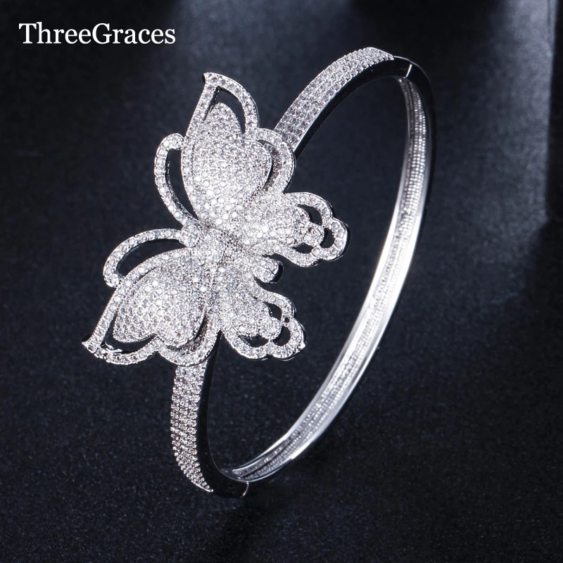 

ThreeGraces Sweet Large Butterfly Shape Silver Color Open Cuff Cubic Zircon Ladies Hand Bangle for Brides Wedding Jewelry BA017