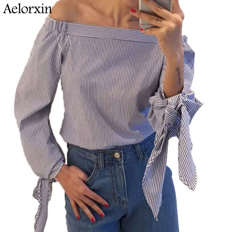 

Women Blouse Elegant Bow Blue Off Shoulder Female Blouse Shirt Sexy Summer 2019 Girls White blouse Women Tops Striped Blusas 3XL