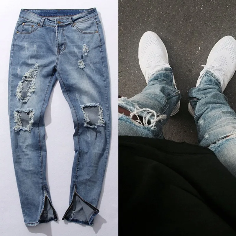 KANYE WEST Fear of god Knee Hole Side Zipper Slim Distressed Jeans Men ...