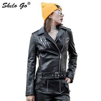 

Streetwear Leather Jacket Women Autumn Locomotive Metal Belt Zip Sheepskin Genuine Leather Coat Moto Casual Slim Female Outwear