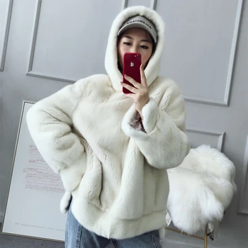 

Real Mink Fur Women Regular Overhead Coat with Hood Winter Warm Thick Whole Mink Fur Jacket