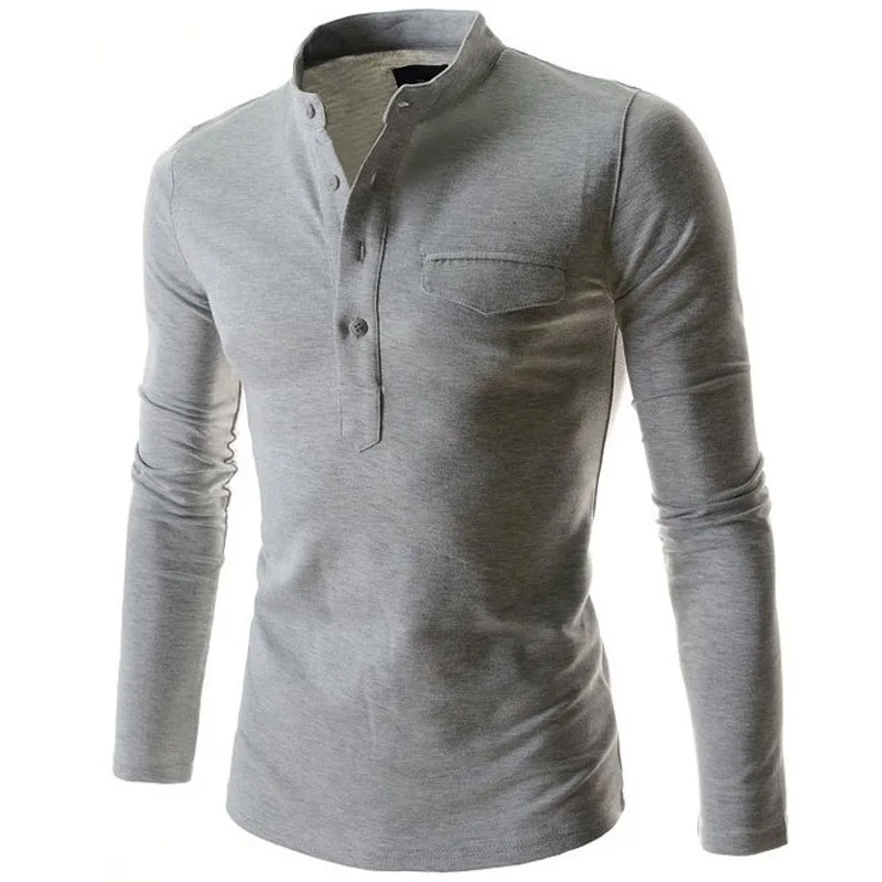 Мужская рубашка поло,, корейский стиль, с карманами, дизайн раковины, мужская, одноцветная, простая, повседневная, тонкая, с длинным рукавом, рубашка поло, топы, футболки, M-XXL - Цвет: Light Grey
