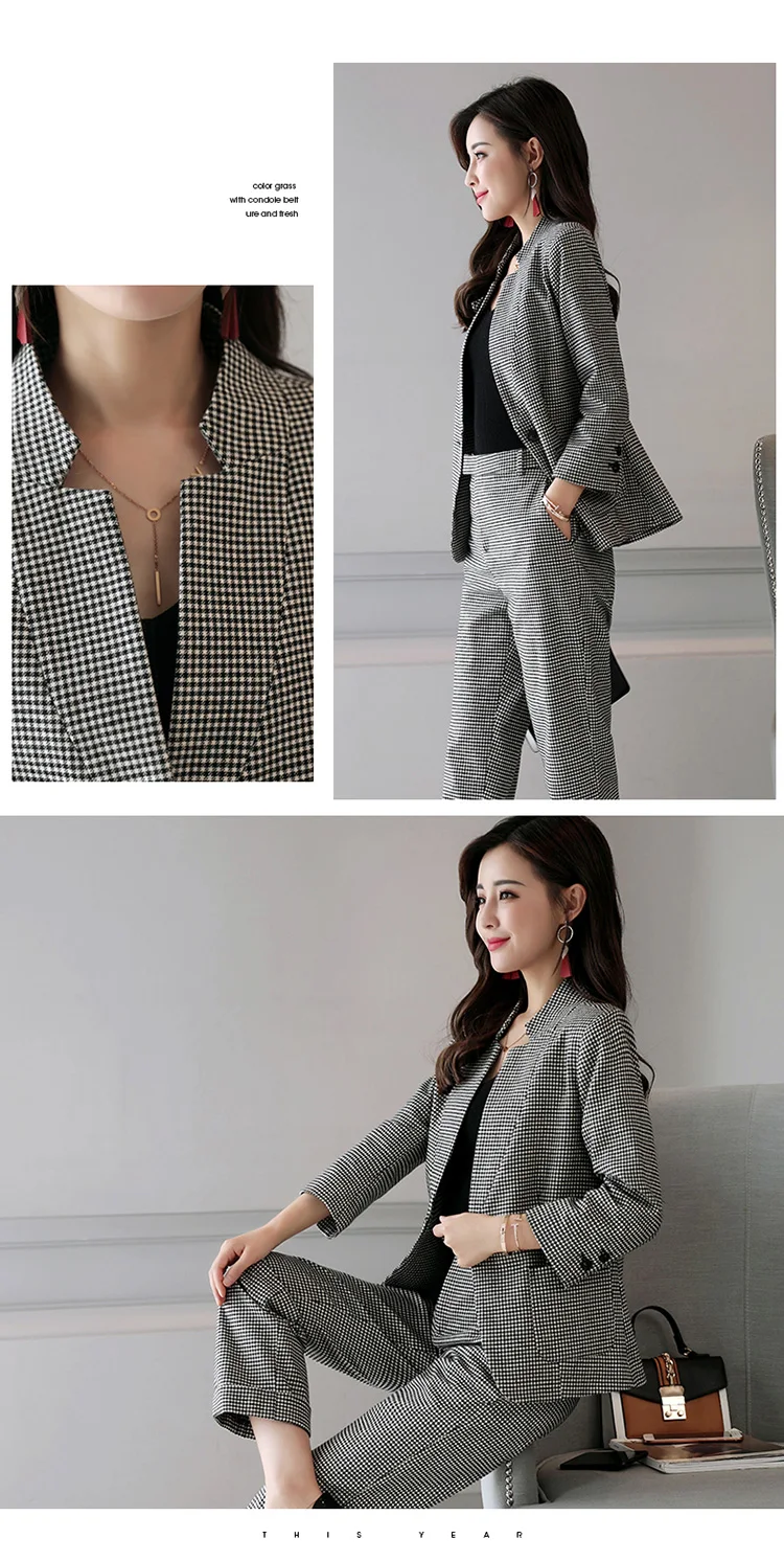 YASUGUOJI Новый 2018 офис леди тонкий плед комплект из 2 предметов Женщины one button blazer и Штаны работы женские костюмы; комплект из двух предметов LTZ29