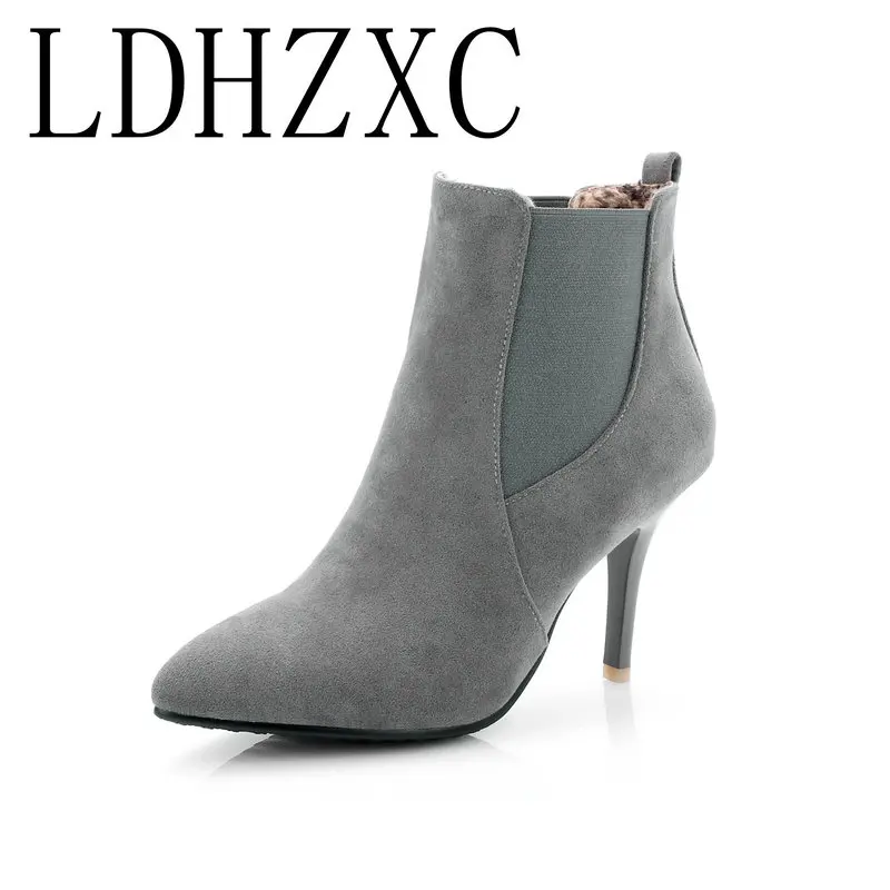 

LDHZXC Women Ankle Boots Zipper Pointed Toe Pu Leather Thin High Heel All Match Women Fashion Ankle Boots Size 34-46
