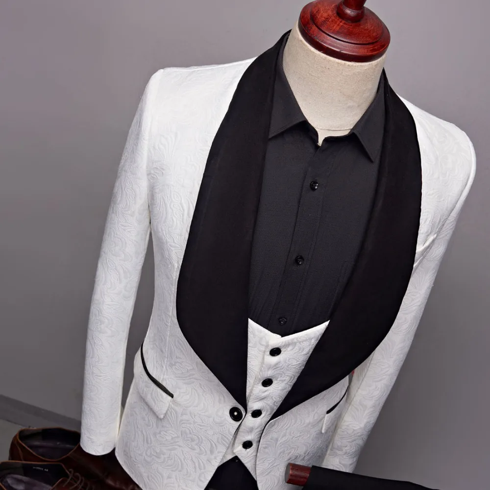 Лидер продаж для мужчин белые свадебные костюмы большой шаль нагрудные комплект из 3 предметов жениха Пром костюмы жаккардовые Банкетный
