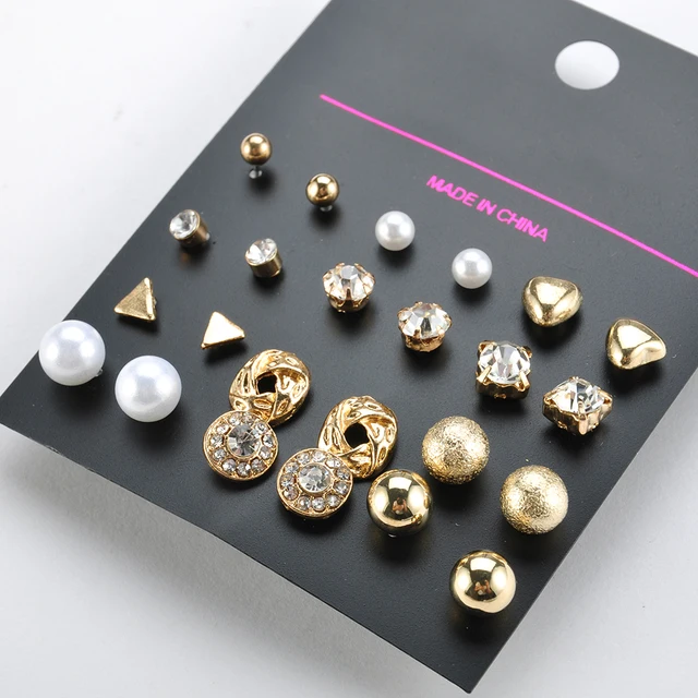 12 Pairs /Pack metal gold silver color Stud Earrings Crystal Set