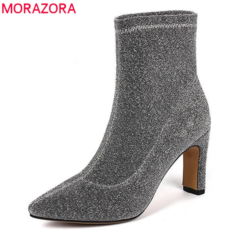 

MORAZORA 2020 new arrival ankle boots for women pointed toe slip on Stretch socks boots autumn winter high heels shoes woman