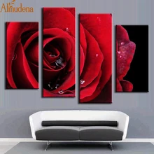 ALMUDENA Fashion Home Decoration 4 Pieces Red Rose Canvas Painting with No Frame for Home Decoration Living Room Wall Artwork