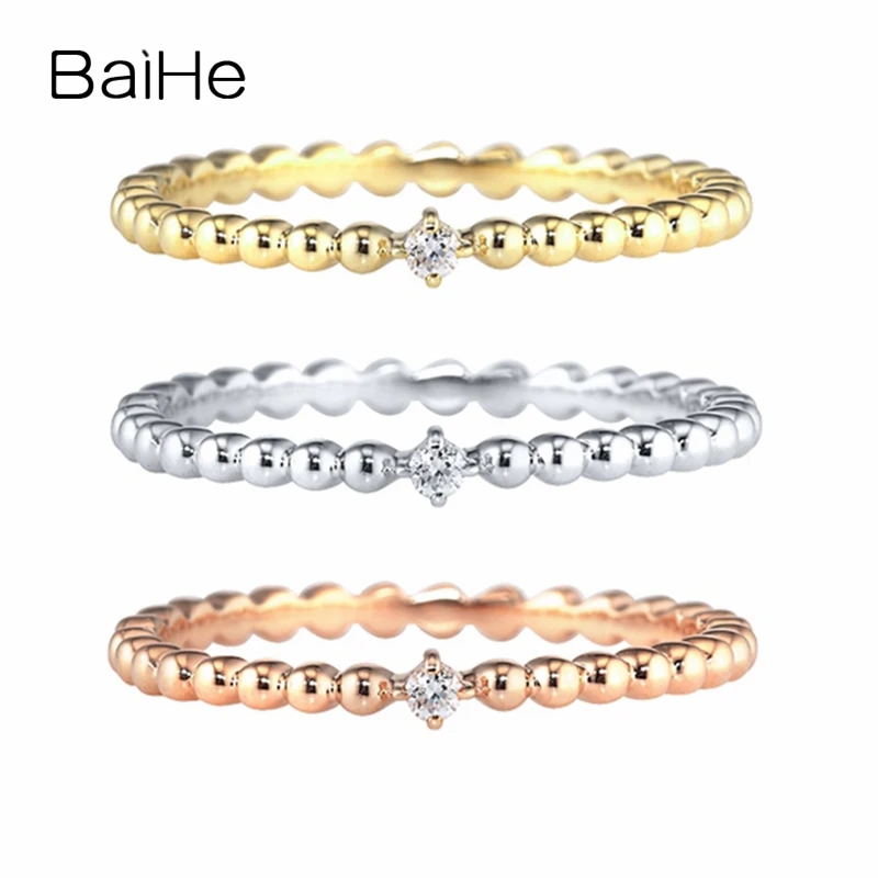 BAIHE Solid 14 K, желтое золото(AU585), круглая огранка, 0.02ct, H/SI1-SI3,, Настоящее натуральное бриллиантовое обручальное женское модное Подарочное кольцо