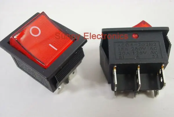 50 шт. 6 pin lluminated кулисный переключатель красный DPDT ON/OFF 15A/250VAC