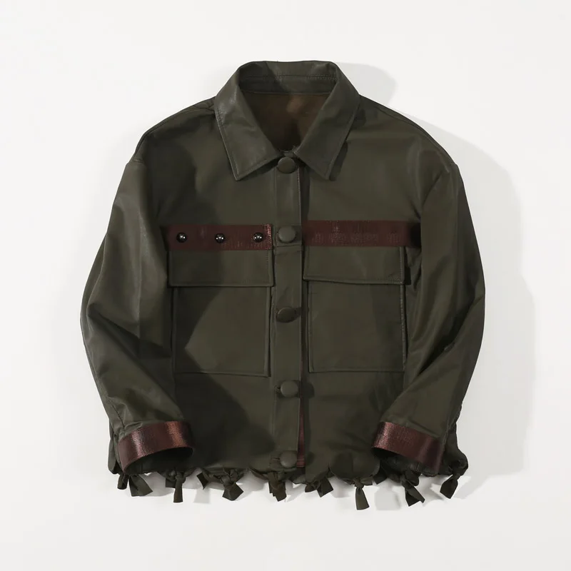 Natural Leather Jacket Dark Green Vintage Short Jacket Coat for Women Lambskin Coats Genuine Leather Jacket 2019
