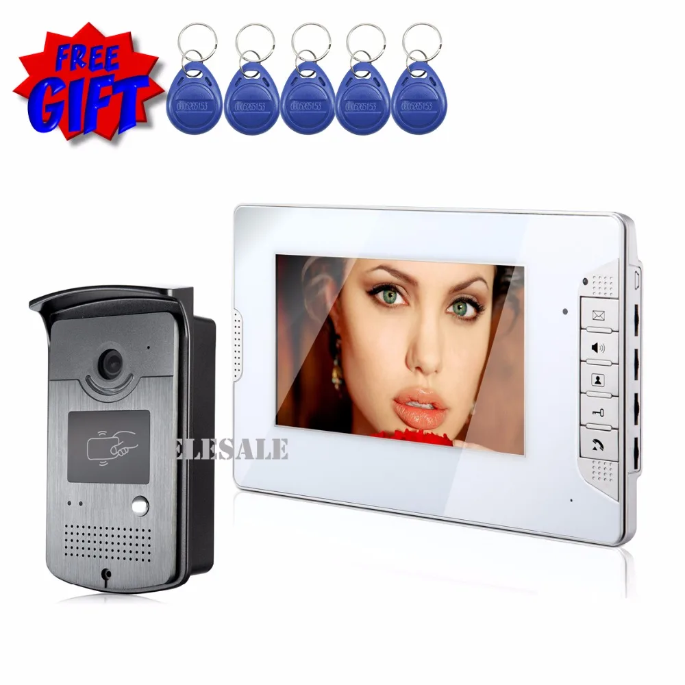 

7" Wired Video Door Phone Intercom Doorbell Access Control System 700TVL Camera Night Vision Color Monitor 7 RFID Tags Keyfobs