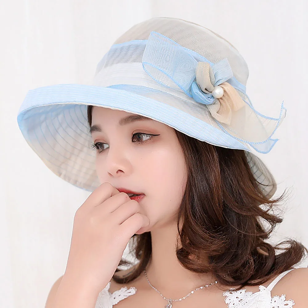 

56-58cm Korean UV Protection Summer Cap Flower Pearl Sun Protection Hats Canavas Big Wide Brim Beach Hat Foldable Panama Visors