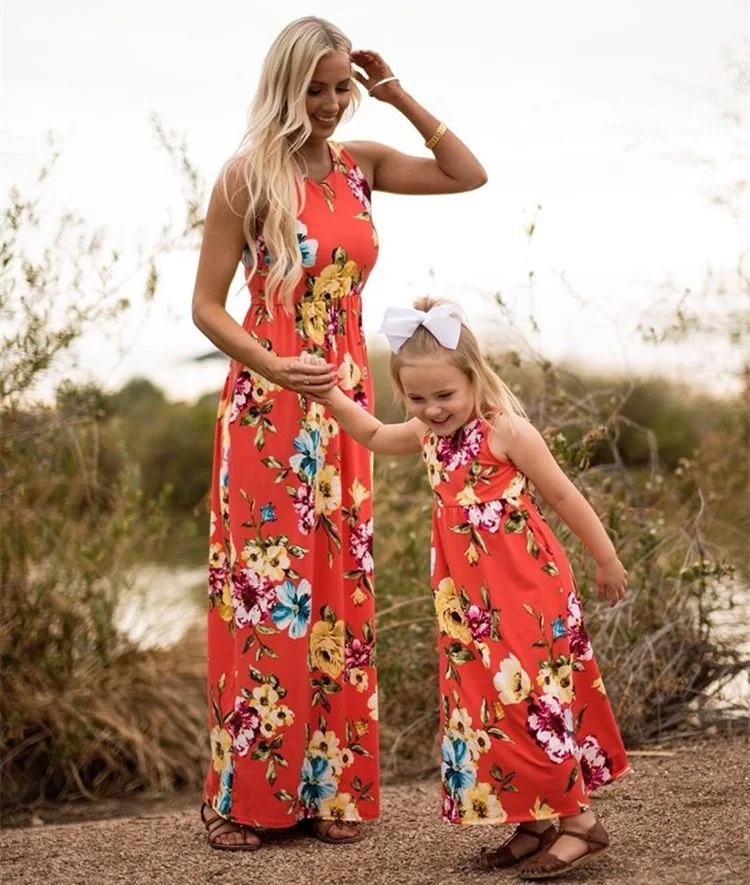 

ZOGAA 2019 Causal Red Vest Mother Daughter Dresses Mother and Daughter Clothes Sleeveless Maxi Long Dress Mommy and Me Clothes
