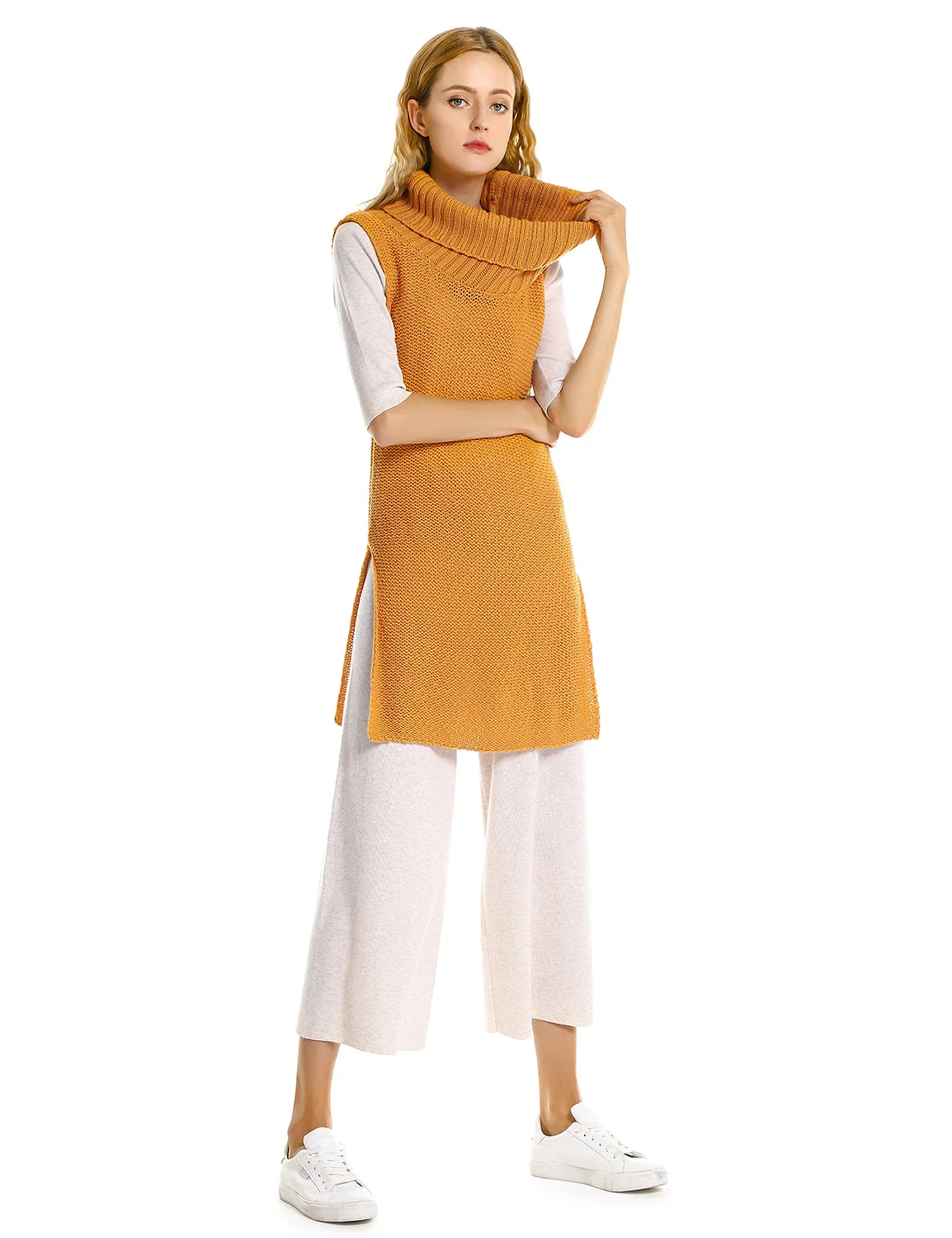 Brand High Quality Sleeveless Split Sweater Dress Turtleneck Collar