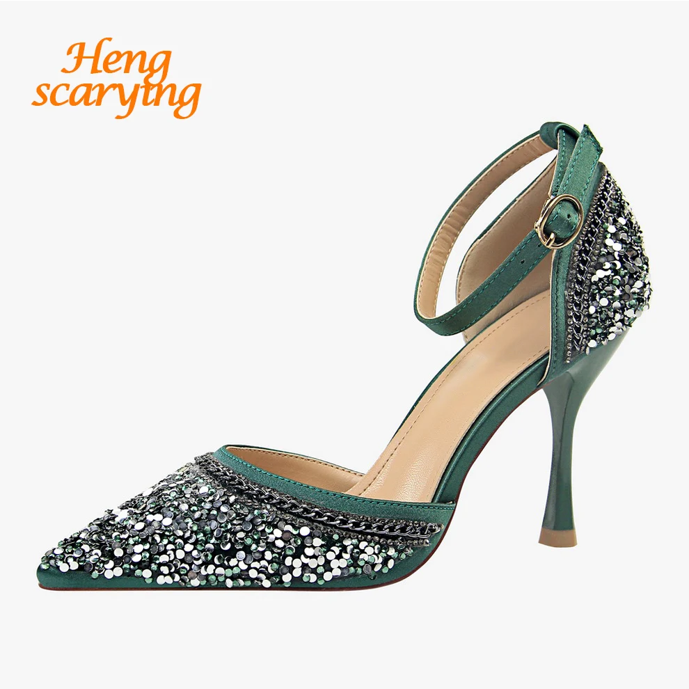 

2018 Summer Women 9cm Sexy High Heels Glitter Buckle Sandals Green Heels Strap Pumps Stiletto Female Bridal Silver Wedding Shoes