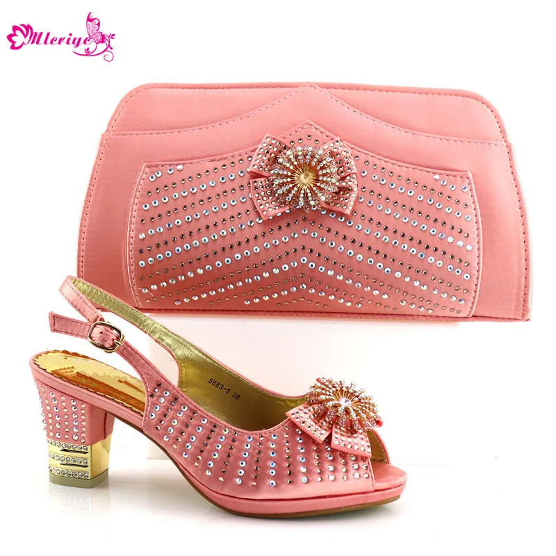 

5683-1 Summer New coming African Square Heel Italian shoes and bag to match shoes with bag set with shining crystal