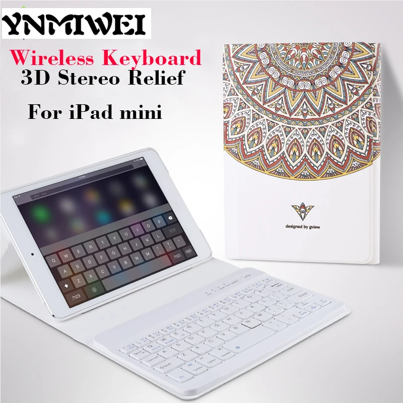 For iPad mini Slim Tablet Leather Case Cover with Bluetooth KeyBoard 3D Relief Painting Protective Stand