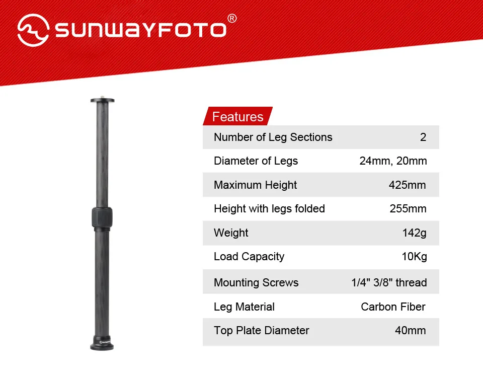 SUNWAYFOTO ET-02 удлинитель для штатива 24 мм из углеродного волокна для штатива с винтом 1/4-3/8 для Dslr камеры аксессуары