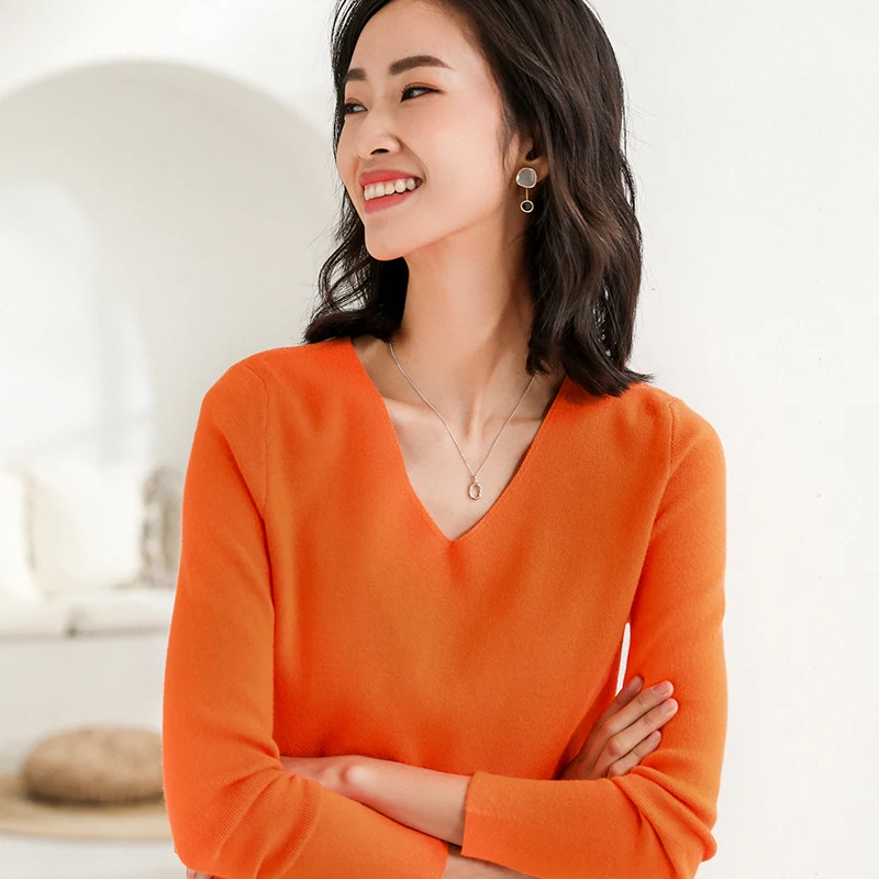 

LHZSYY Spring Autumn New Women's Knit Sweater Solid color V-Neck Loose Pullover Short Section Side Open Soft Wild Female Shirt