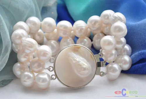 

Hot selling free shipping******** 3row 8" 13mm WHITE ROUND FRESHWATER PEARL BRACELET