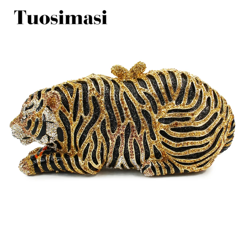 Tiger luxury evening clutch bags gold Handcraft crystal clutch purse golden diamante women party evening bags handbags